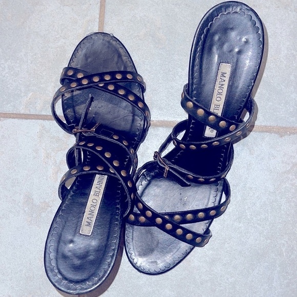 Manolo Blahnik 39.5 strappy studded laceup heels sandals stilettos slides - Picture 6 of 10